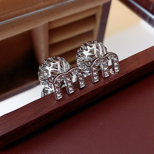 1 Pair Lady Letter Plating Hollow Out Inlay Copper Zircon Ear Studs