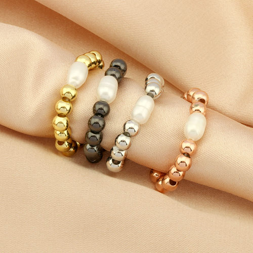IG Style Simple Style Round Freshwater Pearl Copper Beaded Handmade Plating 18K Gold Plated Rings