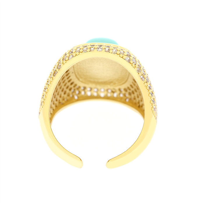 Anel aberto banhado a ouro de zircônia com pedras preciosas artificiais em cobre retangular estilo vintage