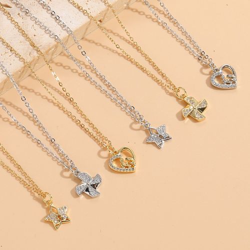 Elegante schlichte Pentagramm-Herzform-Windmühlen-Kupferbeschichtung mit Zirkon-Anhänger und 14-Karat-vergoldeter Anhänger-Halskette