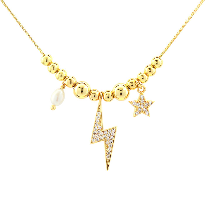 Retro Simple Style Pentagram Lightning Freshwater Pearl Copper Beaded Plating Inlay Zircon 18K Gold Plated Pendant Necklace