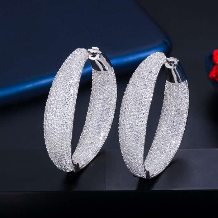 Boucles d'oreilles luxueuses, 1 paire, incrustation ronde en cuivre, pierres précieuses artificielles, plaqué argent