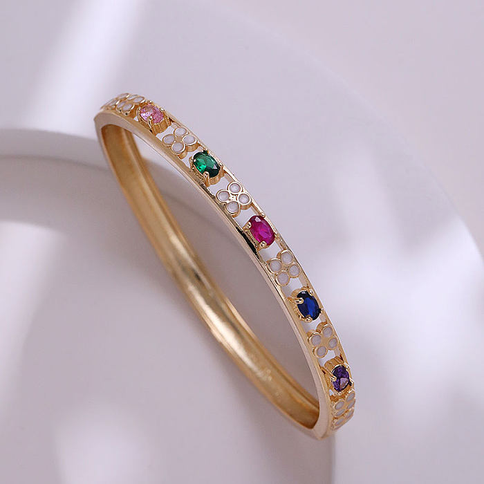 Casual Commute Four Leaf Clover Brass Plating Inlay Zircon 14K Gold Plated Bangle