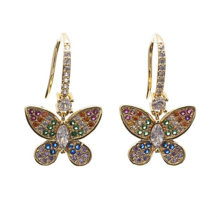 1 Pair Elegant Lady Classic Style Butterfly Enamel Inlay Copper Zircon Gold Plated Drop Earrings