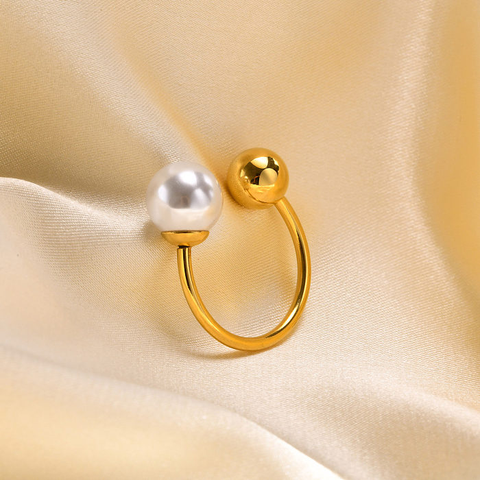 Simple Style Asymmetrical Pearl Titanium Steel Plating Open Ring