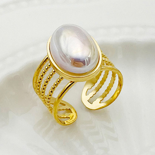 Wholesale Casual Vintage Style Oval Stainless Steel Plating Inlay Gold Plated Pearl Open Rings