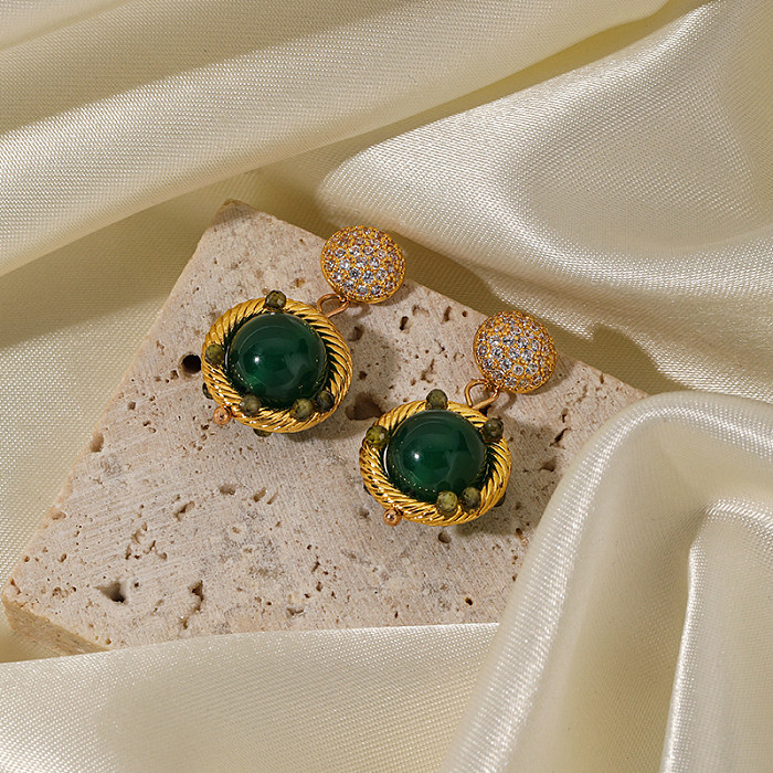 1 paire de boucles d'oreilles pendantes plaquées or 18 carats, Style moderne, incrustation ronde en cuivre, Agate et Zircon