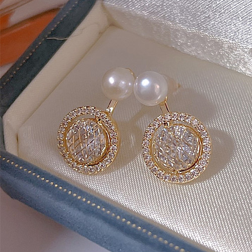 1 paire de boucles d'oreilles pendantes élégantes de Style classique, incrustation ronde en cuivre et diamant artificiel plaqué or 14 carats