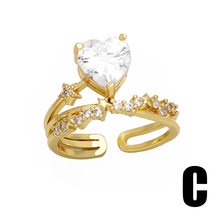 Romantischer, glänzender, herzförmiger offener Ring mit Kupferbeschichtung und Zirkoneinlage, 18 Karat vergoldet