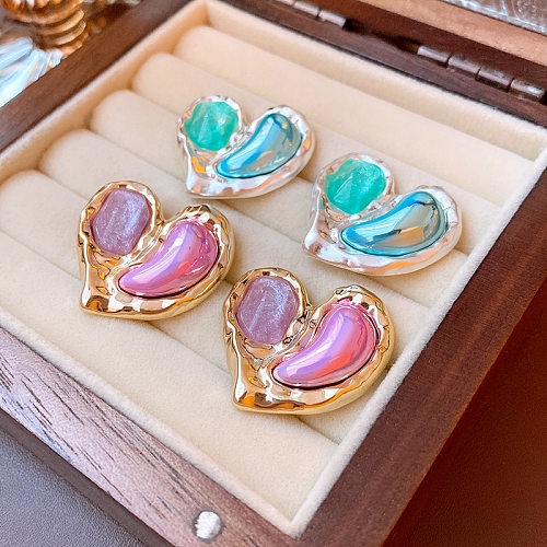1 Pair Sweet Heart Shape Plating Inlay Copper Resin Ear Studs