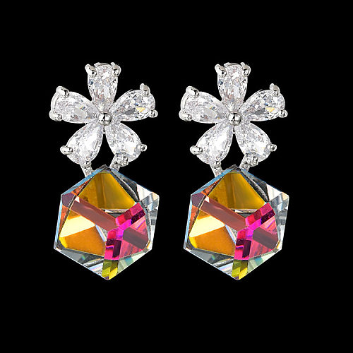 1 par de pendientes colgantes de circonita de cristal de cobre con incrustaciones de flores hexagonales brillantes informales