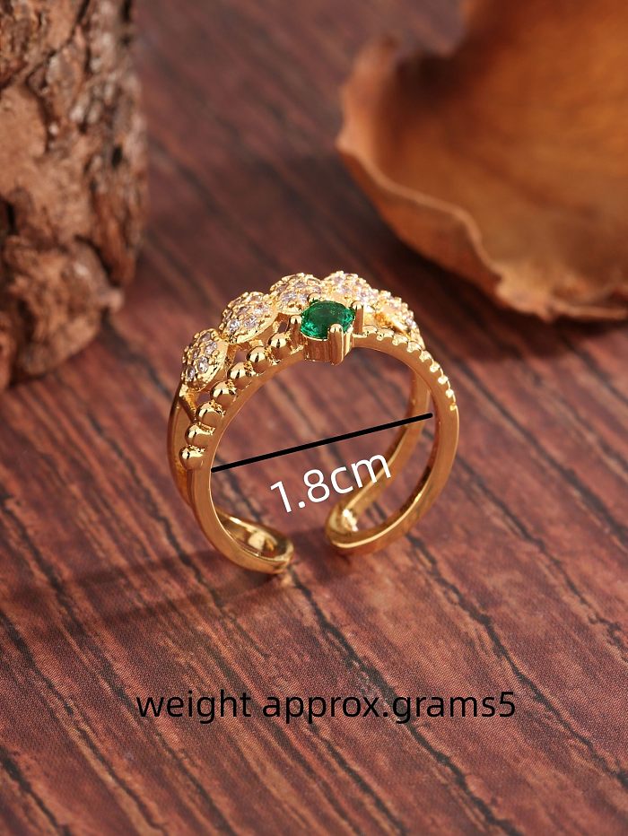 Elegante estilo vintage luxuoso redondo cobre chapeamento oco incrustação de zircão 18K anéis abertos banhados a ouro