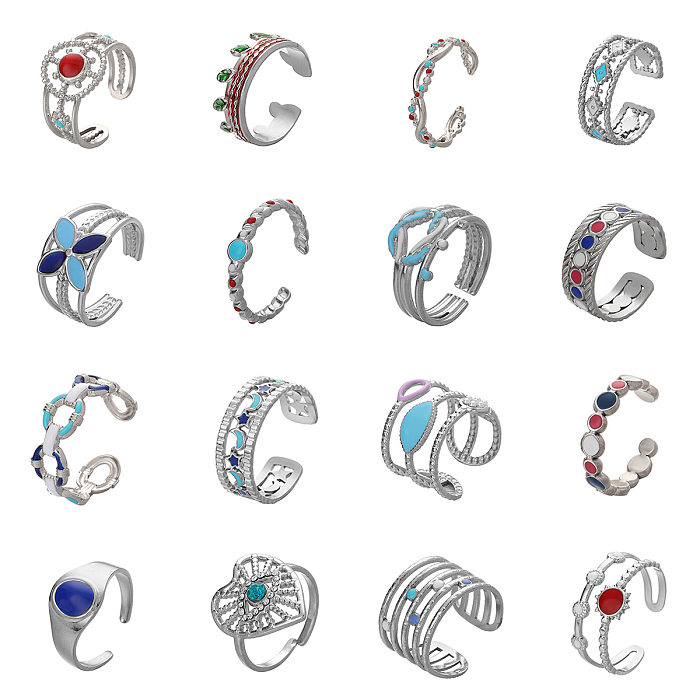 Wholesale Ethnic Style Sun Star Stainless Steel Enamel Inlay Artificial Gemstones Open Rings