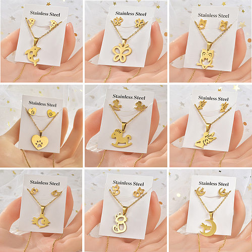 Simple Style Heart Shape Owl Butterfly Titanium Steel Women'S Earrings Necklace 1 Set