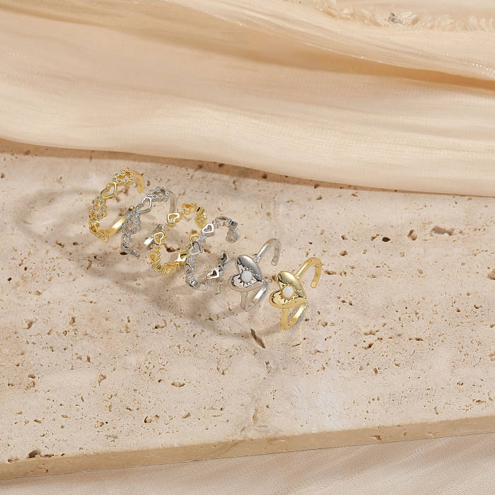 Casual Heart Shape Copper 14K Gold Plated Zircon Open Ring In Bulk