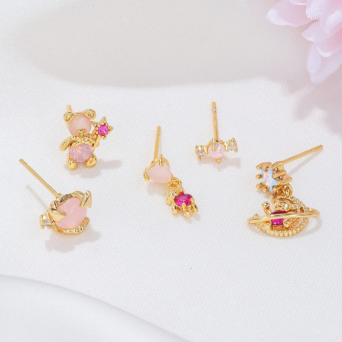 Sweet Bear Brass Ear Studs Gold Plated Zircon Copper Earrings