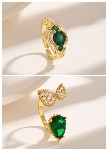 Vintage Style Luxurious Sweet Leaves Water Droplets Copper Plating Hollow Out Inlay Zircon 18K Gold Plated Open Rings