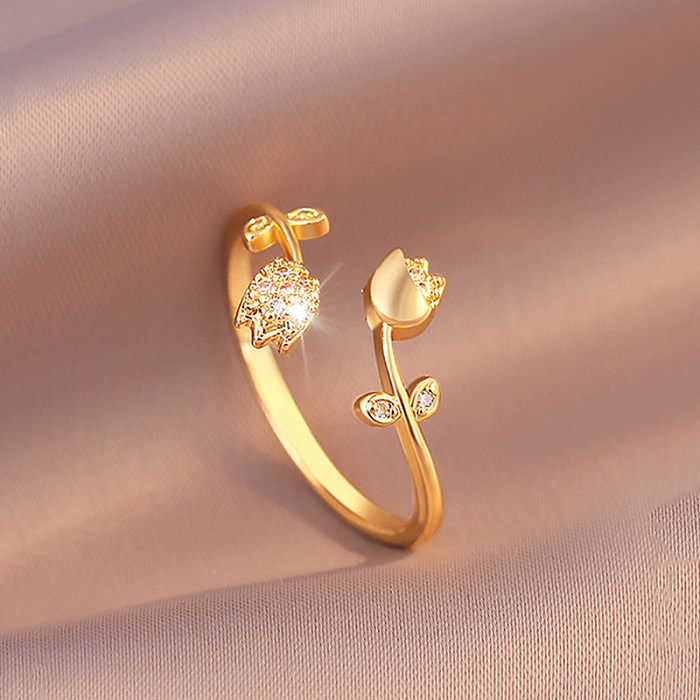 Offener Ring im IG-Stil mit eleganter Blume, Edelstahl-Inlay und Zirkon