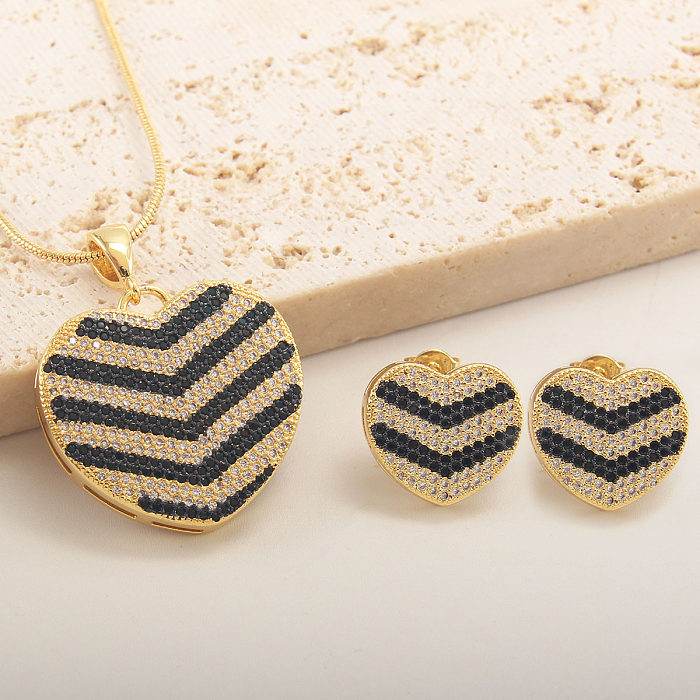Ensemble de bijoux plaqué or et Zircon, style Simple, Triangle carré en forme de cœur, incrustation de placage en cuivre
