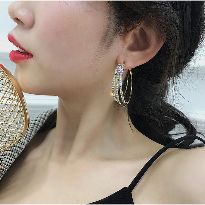 Fashion Geometric Copper Inlay Rhinestones Hoop Earrings 1 Pair