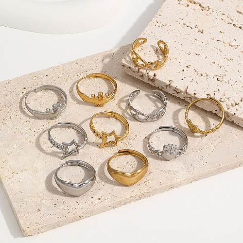 Schlichter Stil, klassischer Stil, einfarbig, Edelstahl-Beschichtung, ausgehöhlte, 18 Karat vergoldete offene Ringe