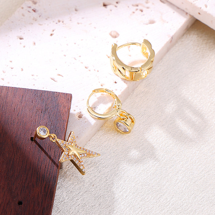 3 Pieces Set Elegant Streetwear Round Star Inlay Copper Zircon Ear Studs