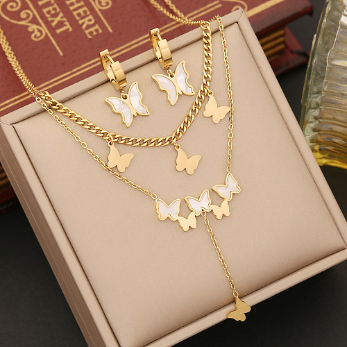 Elegant Butterfly Stainless Steel Layered Plating Inlay Shell Bracelets Earrings Necklace