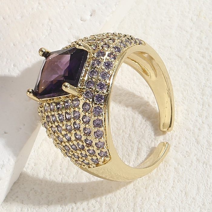 Elegant Luxurious Classic Style Square Copper 14K Gold Plated Zircon Open Ring In Bulk