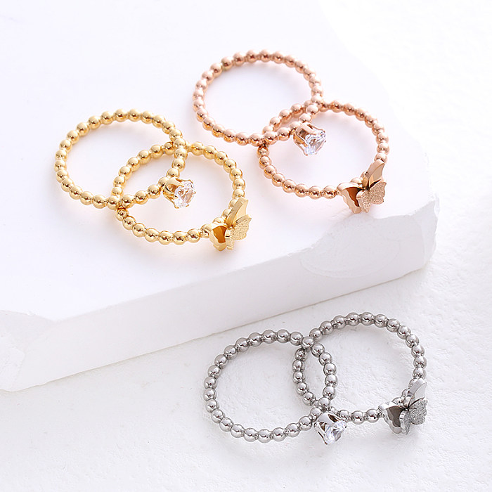 INS Style Simple Style Round Butterfly Stainless Steel Plating Inlay Zircon 24K Gold Plated Rings