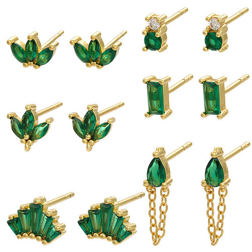 Boucles d'oreilles rétro géométriques avec pierres précieuses vertes, diamant et cuivre, vente en gros de bijoux