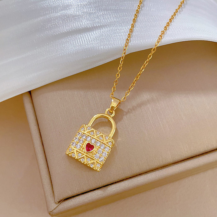 Classic Style Streetwear Heart Shape Lock Titanium Steel Copper Inlay Artificial Gemstones Gold Plated Pendant Necklace