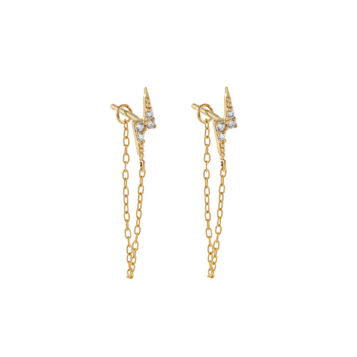 INS Style Simple Style Cool Style Lightning Copper Plated With Real Gold Ear Studs Ear Chain Zircon Ear Studs 1 Pair