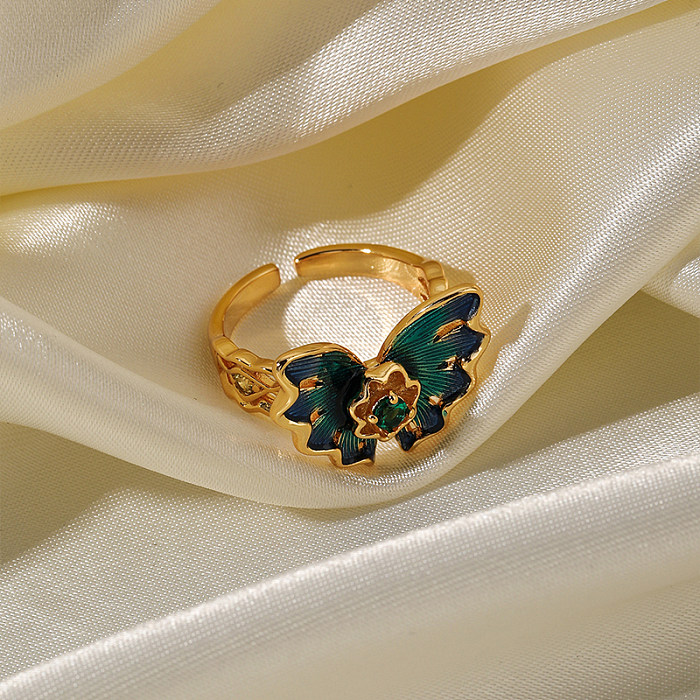 Retro Butterfly Copper Plating Inlay Zircon 18K Gold Plated Open Rings
