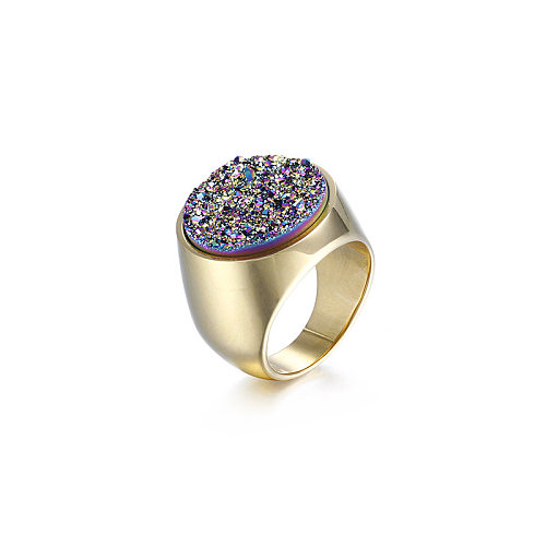 Wedecatur nova moda europeia e americana elegante redondo botão de cristal de aço inoxidável anel feminino dourado multicolorido