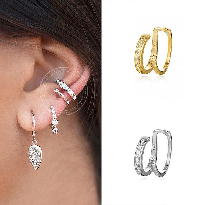 European And American Single Green Copper 18K Gold Plating Ear Clip Creative Style Fashion Double-Layer Diamond Cross Non-Pierced Earrings For Women