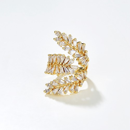Fashion Leaves Copper Inlay Zircon Open Ring 1 Piece