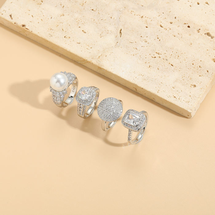 Elegant Classic Style Solid Color Copper Asymmetrical Plating Inlay Pearl Zircon 14K Gold Plated Open Rings