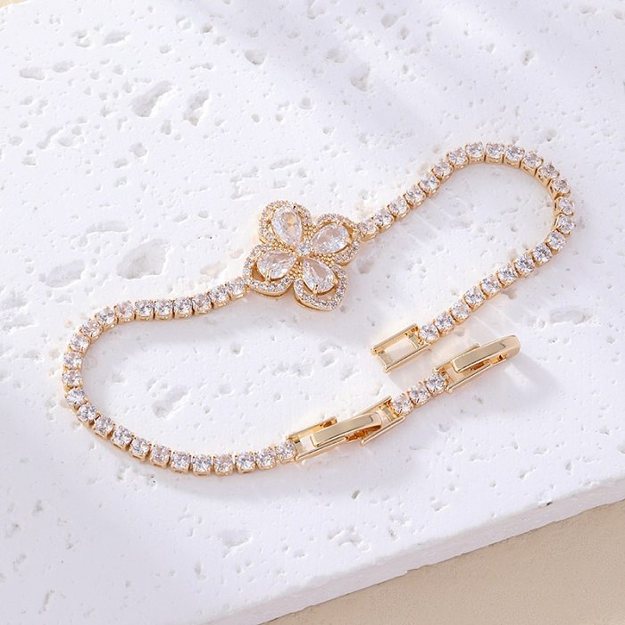 Simple Style Four Leaf Clover Square Copper Chain Inlay Zircon Bracelets