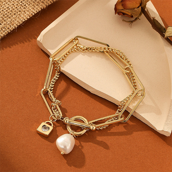 Elegant Roman Style Streetwear Heart Shape Lock Freshwater Pearl Copper Bracelets