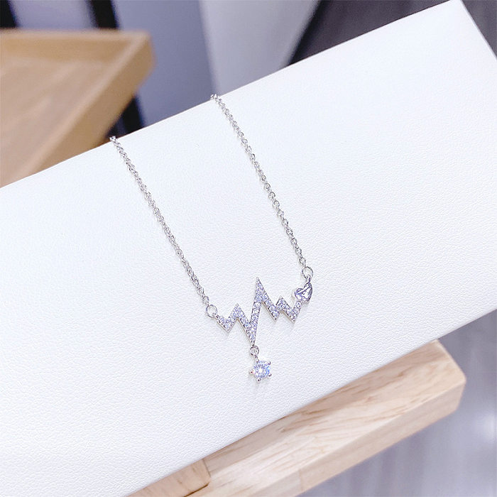 Fashion Electrocardiogram Heart Shape Copper Inlay Artificial Diamond Zircon Pendant Necklace 1 Piece