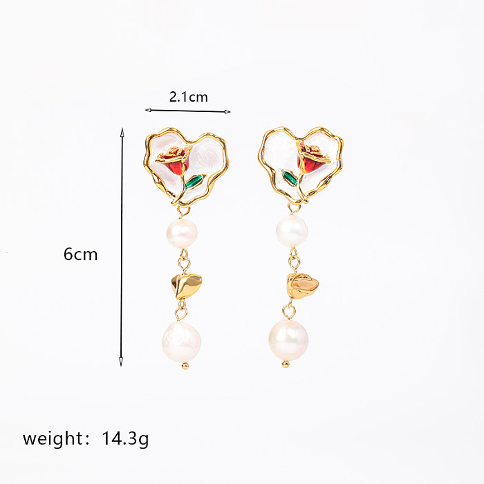Collar de pendientes chapado en oro de 18 quilates con perlas de agua dulce rosas en forma de corazón de estilo francés Retro