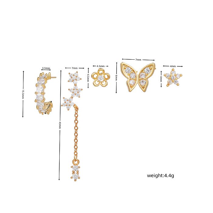 Fashion Star Flower Butterfly Copper Asymmetrical Chain Zircon Dangling Earrings 5 Piece Set