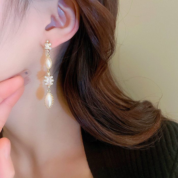 Boucles d'oreilles pendantes ovales en cuivre avec incrustation de perles et de Zircon, 1 paire