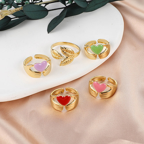 Sweet Artistic Gesture Leaves Heart Shape Stainless Steel Enamel Plating 18K Gold Plated Open Rings