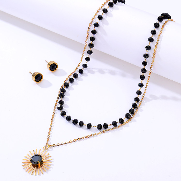 Conjunto de colar de dupla camada de cristal preto com brincos de orelha redondos de aço inoxidável retrô da moda