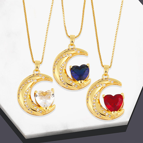 Fashion Moon Heart Shape Copper Gold Plated Zircon Pendant Necklace 1 Piece