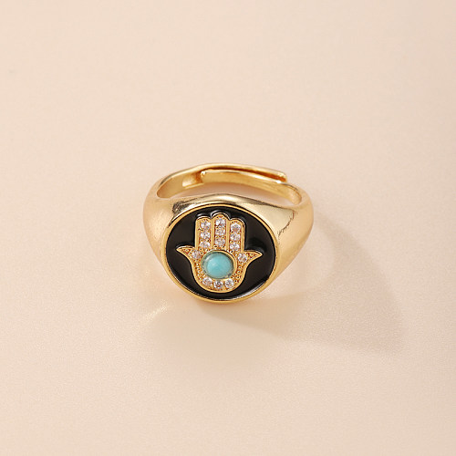 Anéis banhados a ouro de cristal turquesa com revestimento de cobre retrô palma