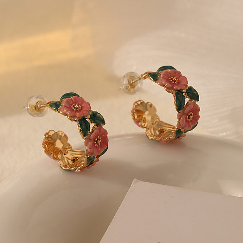 1 par de brincos de cobre esmaltados flor chinoiserie