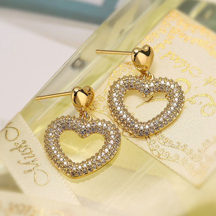 1 Pair Simple Style Classic Style Commute Heart Shape Plating Inlay Copper Zircon 18K Gold Plated Drop Earrings