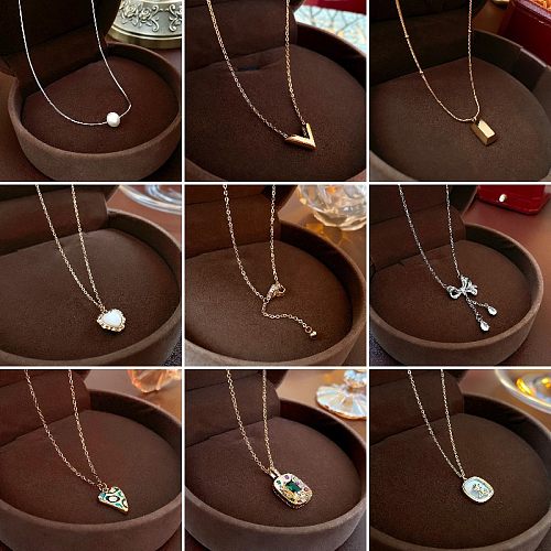 Retro Lady Simple Style V Shape Heart Shape Bow Knot Copper Inlay Opal Zircon Pendant Necklace